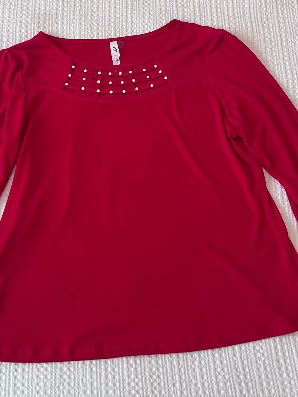 Petite NY Collection Red Long Sleeve Scoop Neck Top with Stud Accents